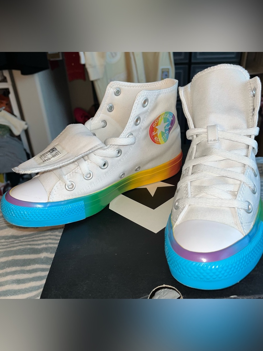 Converse ‘Be True’ LGBTQIA+ White High Top Sneakers with Rainbow Sole